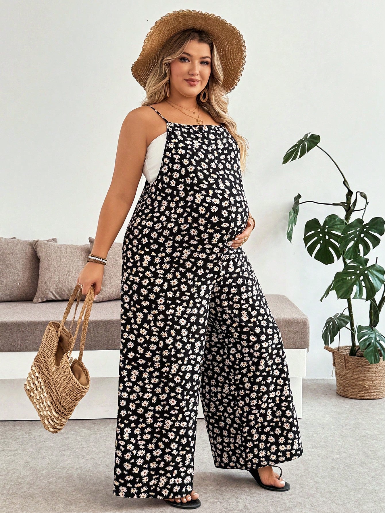 Plussiva Plus Size Maternity Jumpsuit For Summer Black Floral Jumpsuit-Comfortable And Casual Vacation Style All-Over Print Daily Wear Maternity