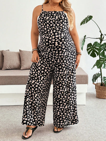 Plussiva Plus Size Maternity Jumpsuit For Summer Black Floral Jumpsuit-Comfortable And Casual Vacation Style All-Over Print Daily Wear Maternity