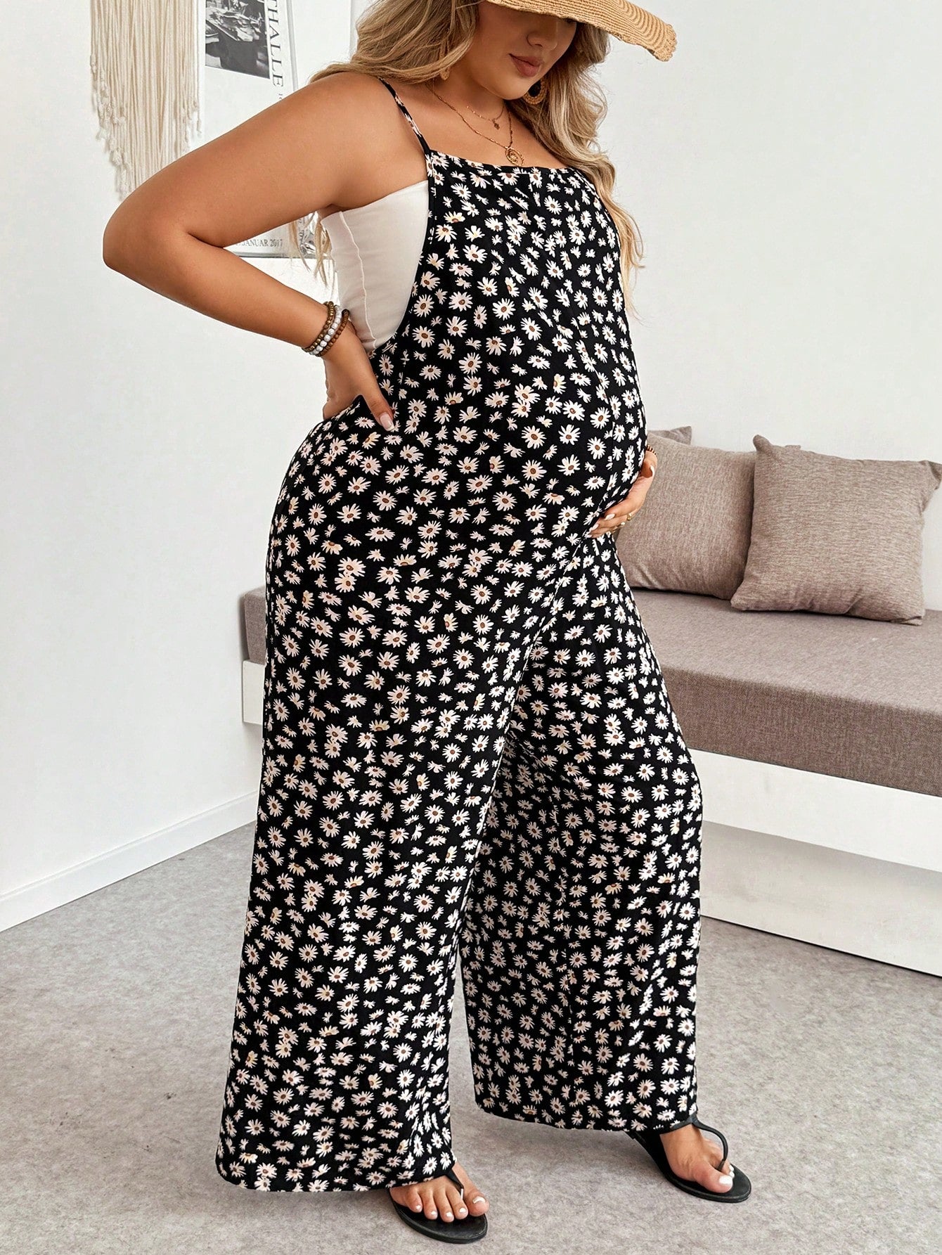 Plussiva Plus Size Maternity Jumpsuit For Summer Black Floral Jumpsuit-Comfortable And Casual Vacation Style All-Over Print Daily Wear Maternity