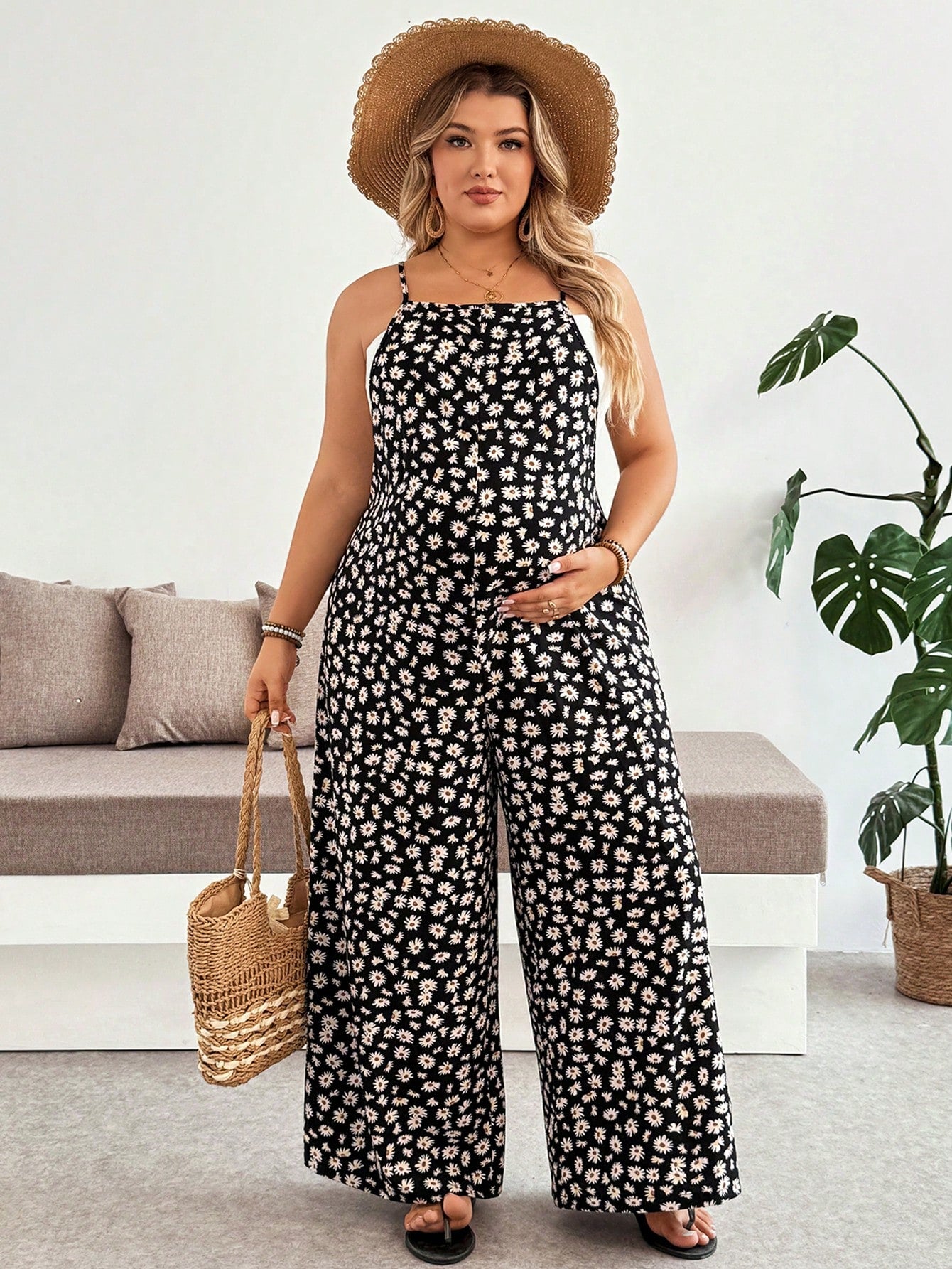 Plussiva Plus Size Maternity Jumpsuit For Summer Black Floral Jumpsuit-Comfortable And Casual Vacation Style All-Over Print Daily Wear Maternity