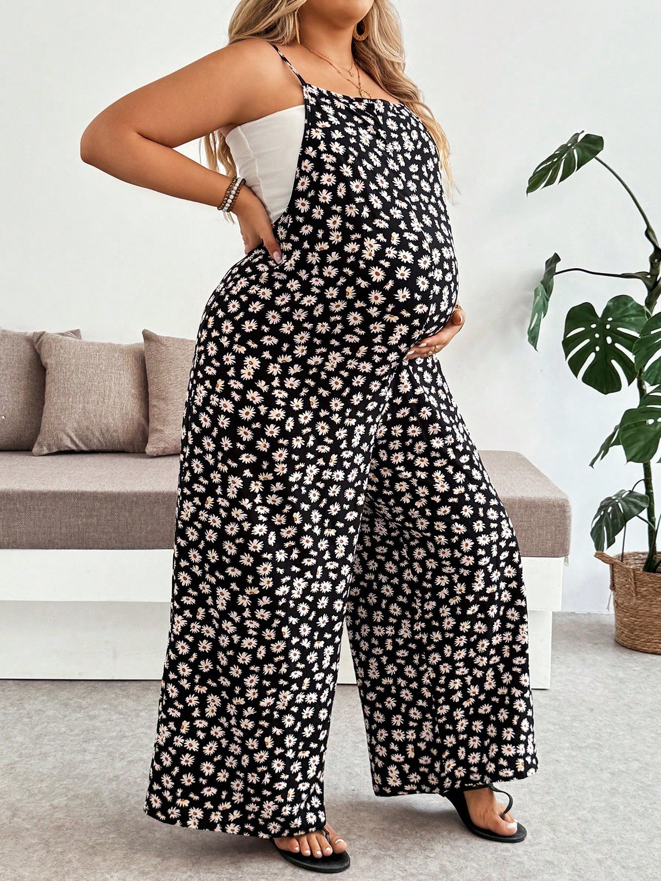 Plussiva Plus Size Maternity Jumpsuit For Summer Black Floral Jumpsuit-Comfortable And Casual Vacation Style All-Over Print Daily Wear Maternity