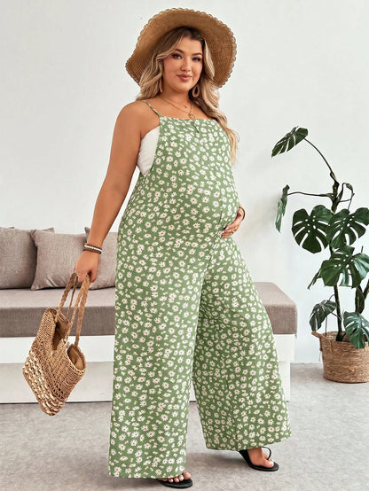 Plussiva Plus Size Maternity Jumpsuit For Summer Black Floral Jumpsuit-Comfortable And Casual Vacation Style All-Over Print Daily Wear Maternity