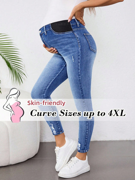 Plussiva Plus Size Maternity Skinny Blue Jeans Women,Autumn Casual Light Wash Washed Distressed Hem Denim Pants,Vintage Y2k Streetwear Birthday Night Out Work