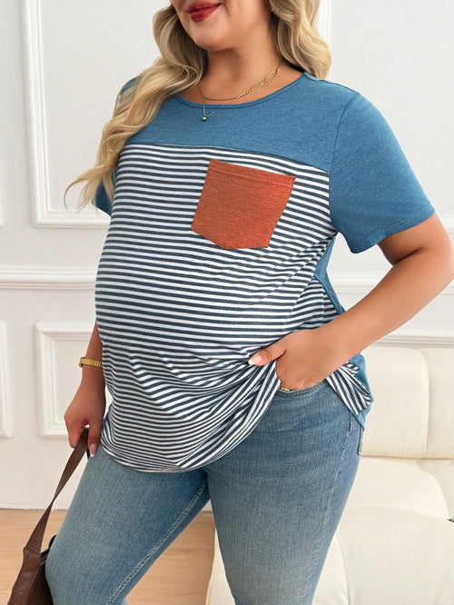 Plussiva Plus Size Maternity Striped Print Pocket Round Neck Short Sleeve Top Tshirts For Women Casual Tshirt Summer Tops Ladies New T Shirt Blouses