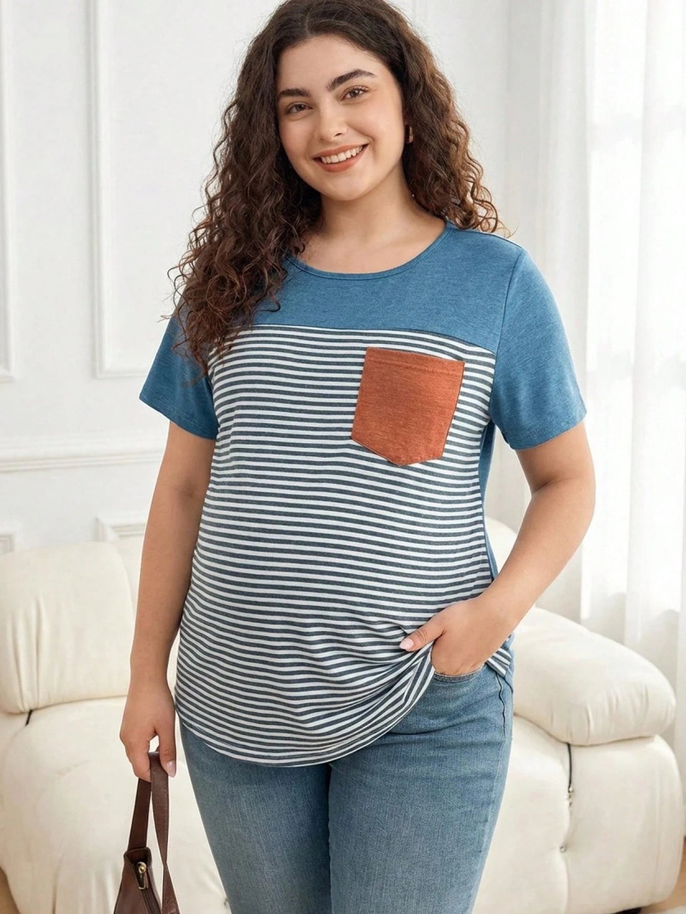 Plussiva Plus Size Maternity Striped Print Pocket Round Neck Short Sleeve Top Tshirts For Women Casual Tshirt Summer Tops Ladies New T Shirt Blouses