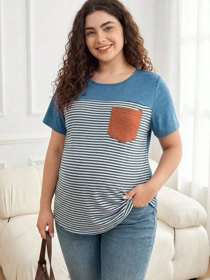 Plussiva Plus Size Maternity Striped Print Pocket Round Neck Short Sleeve Top Tshirts For Women Casual Tshirt Summer Tops Ladies New T Shirt Blouses