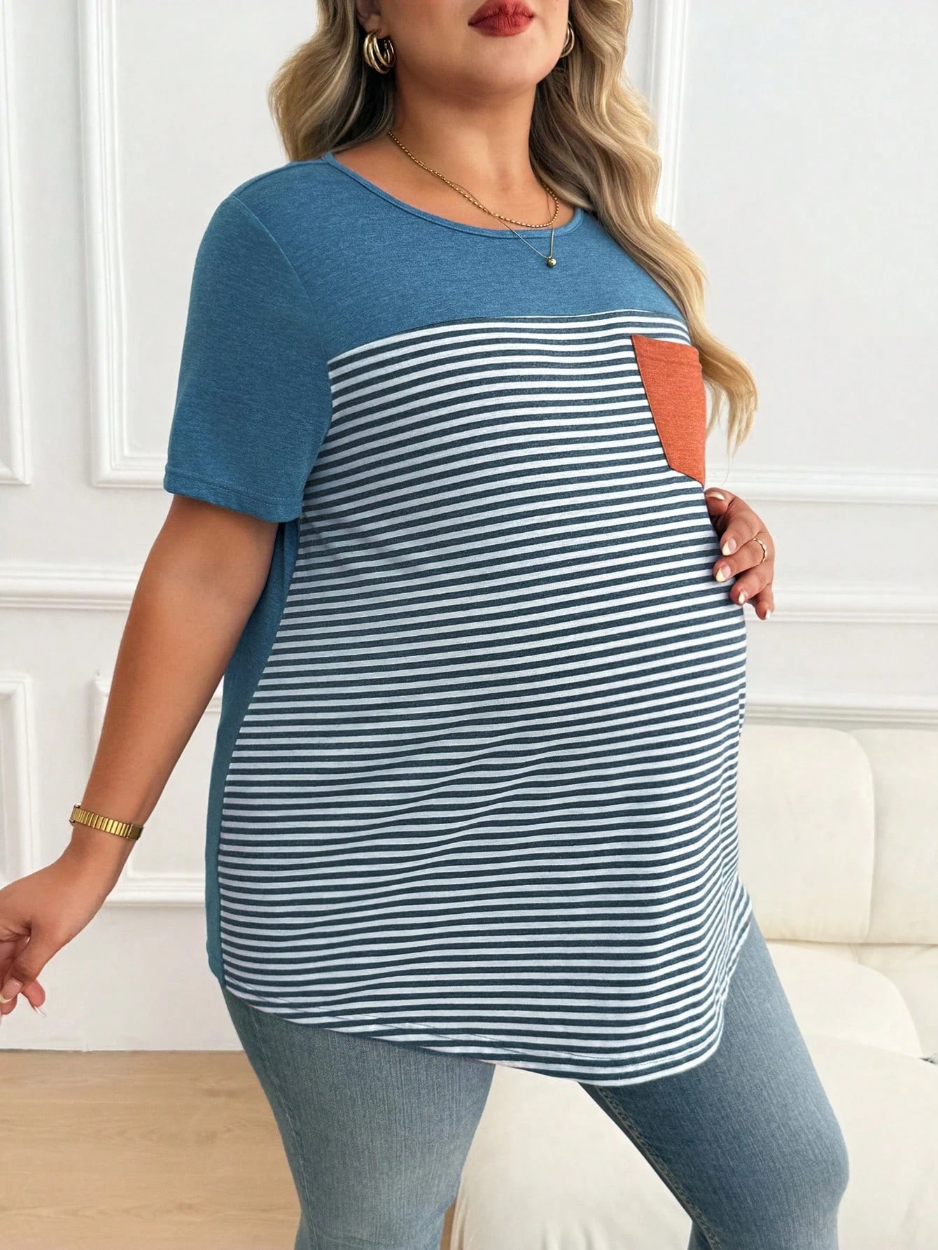 Plussiva Plus Size Maternity Striped Print Pocket Round Neck Short Sleeve Top Tshirts For Women Casual Tshirt Summer Tops Ladies New T Shirt Blouses