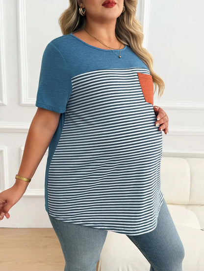 Plussiva Plus Size Maternity Striped Print Pocket Round Neck Short Sleeve Top Tshirts For Women Casual Tshirt Summer Tops Ladies New T Shirt Blouses