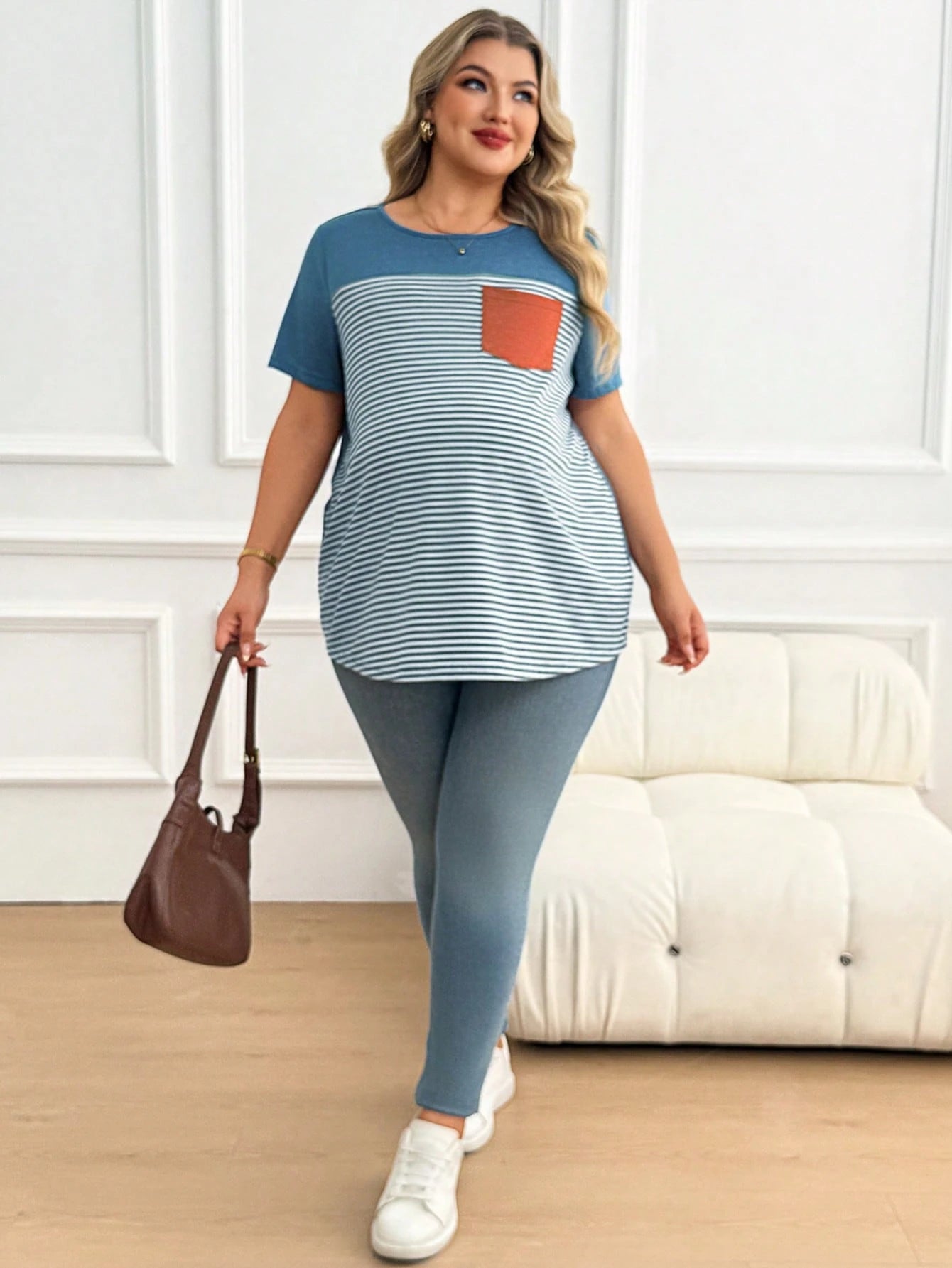 Plussiva Plus Size Maternity Striped Print Pocket Round Neck Short Sleeve Top Tshirts For Women Casual Tshirt Summer Tops Ladies New T Shirt Blouses