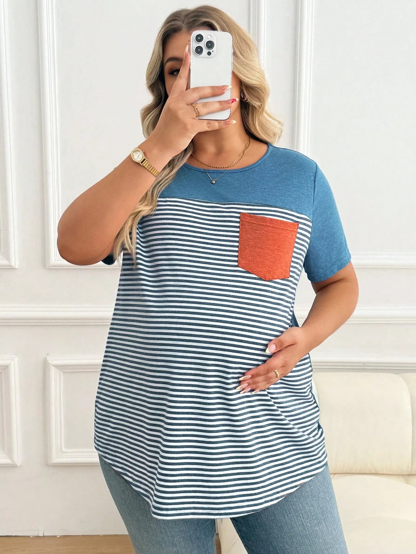 Plussiva Plus Size Maternity Striped Print Pocket Round Neck Short Sleeve Top Tshirts For Women Casual Tshirt Summer Tops Ladies New T Shirt Blouses