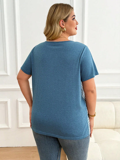 Plussiva Plus Size Maternity Striped Print Pocket Round Neck Short Sleeve Top Tshirts For Women Casual Tshirt Summer Tops Ladies New T Shirt Blouses