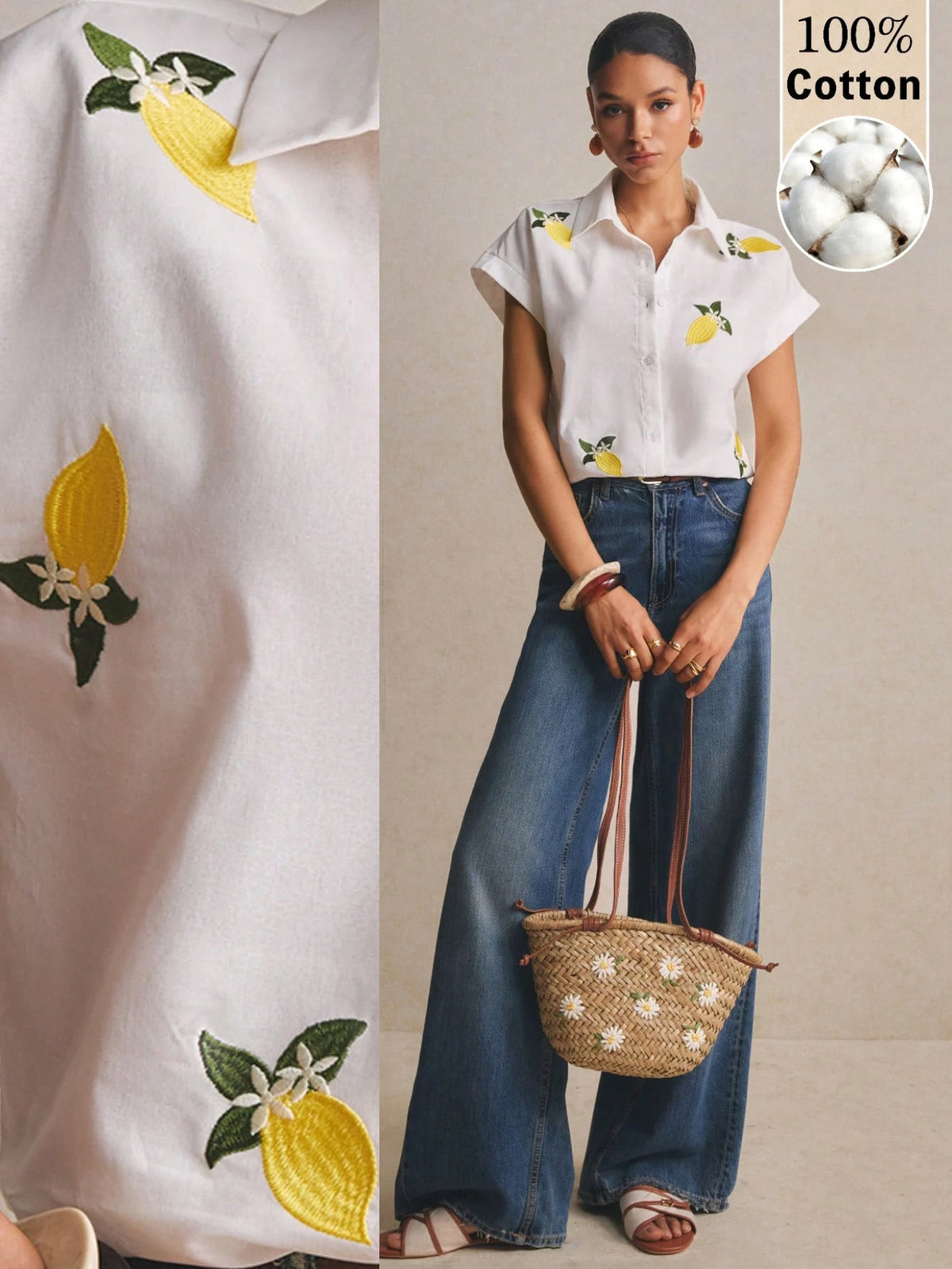 Poéselle Women's 100% Cotton Boxy White Shirt Lemon Embroidered,Short-Sleeve Button-Down Summer Blouse,Casual Vacation Holiday Fruit Motif Top,Cottagecore