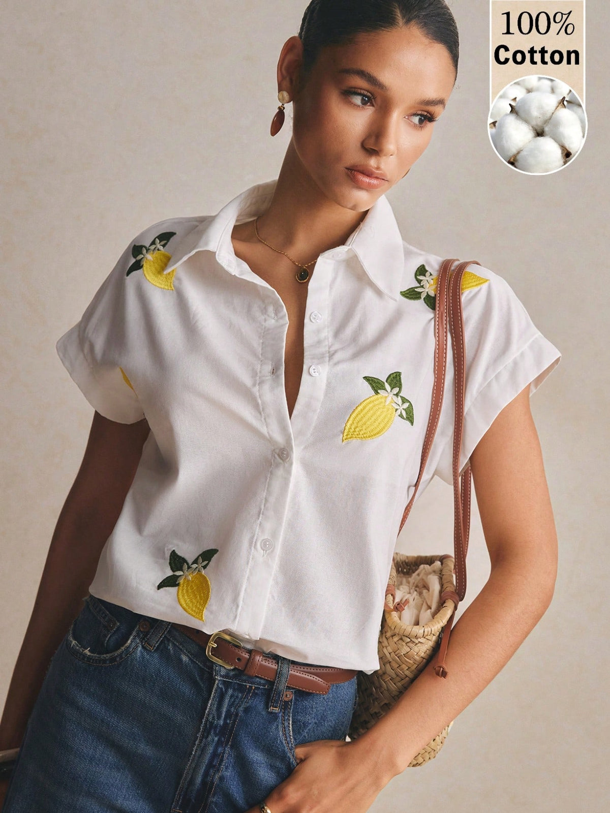 Poéselle Women's 100% Cotton Boxy White Shirt Lemon Embroidered,Short-Sleeve Button-Down Summer Blouse,Casual Vacation Holiday Fruit Motif Top,Cottagecore