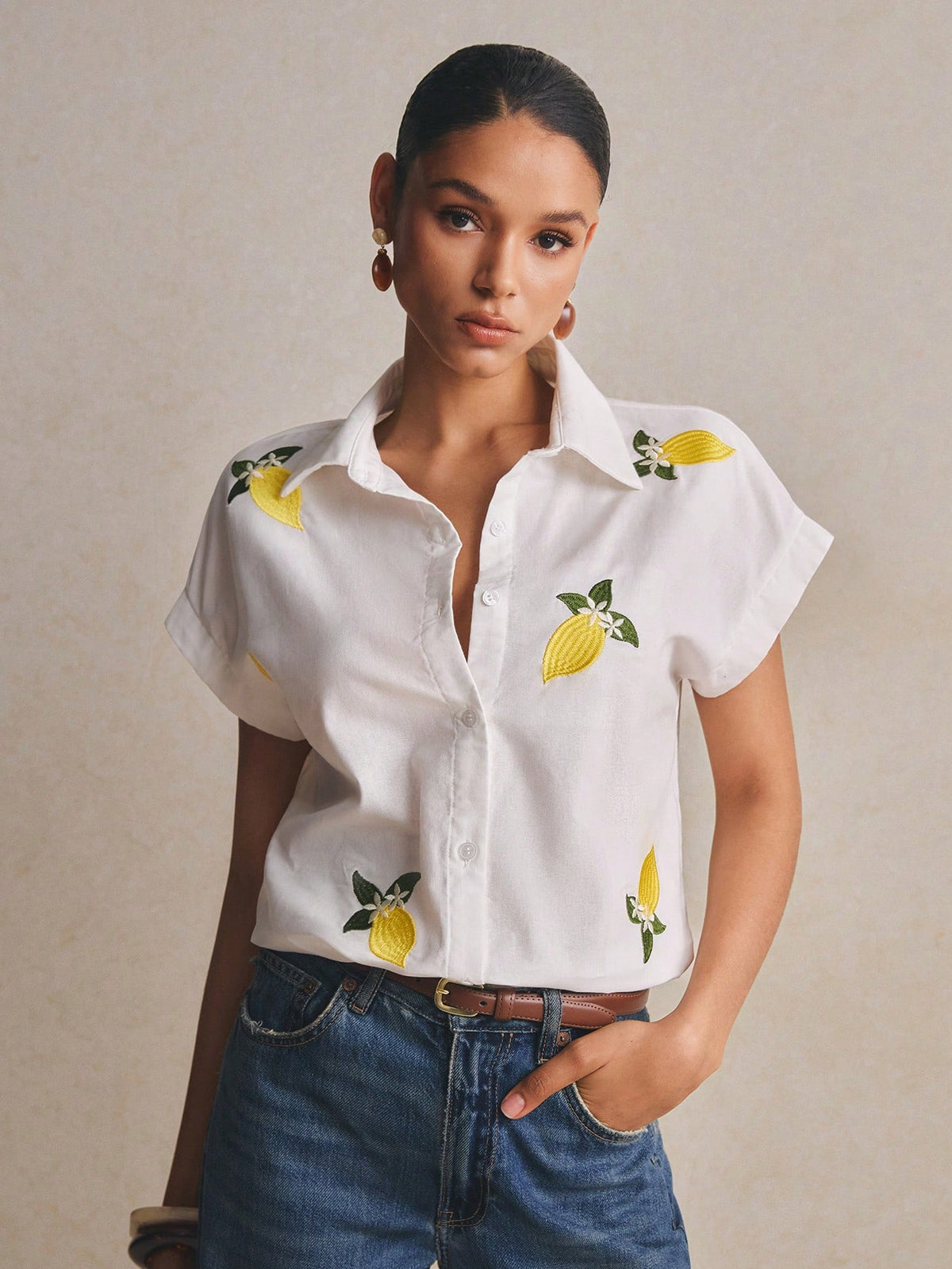 Poéselle Women's 100% Cotton Boxy White Shirt Lemon Embroidered,Short-Sleeve Button-Down Summer Blouse,Casual Vacation Holiday Fruit Motif Top,Cottagecore