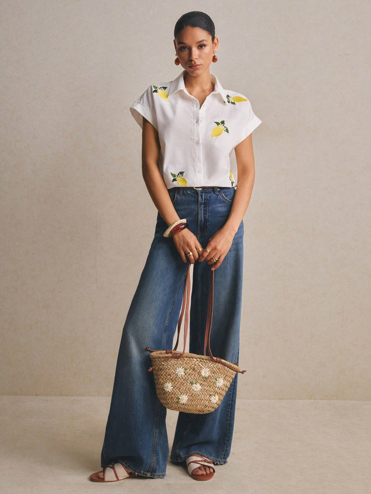 Poéselle Women's 100% Cotton Boxy White Shirt Lemon Embroidered,Short-Sleeve Button-Down Summer Blouse,Casual Vacation Holiday Fruit Motif Top,Cottagecore