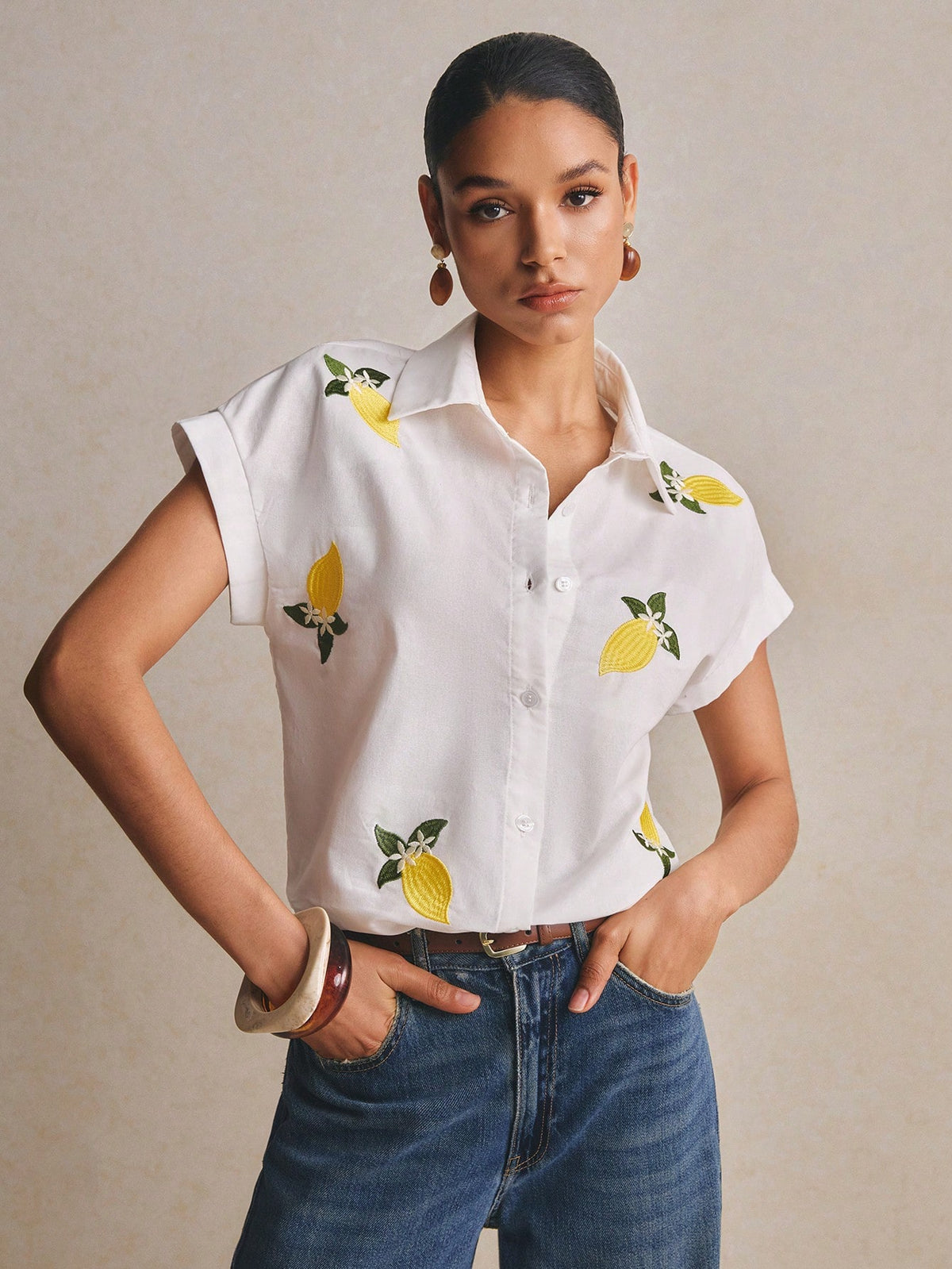 Poéselle Women's 100% Cotton Boxy White Shirt Lemon Embroidered,Short-Sleeve Button-Down Summer Blouse,Casual Vacation Holiday Fruit Motif Top,Cottagecore