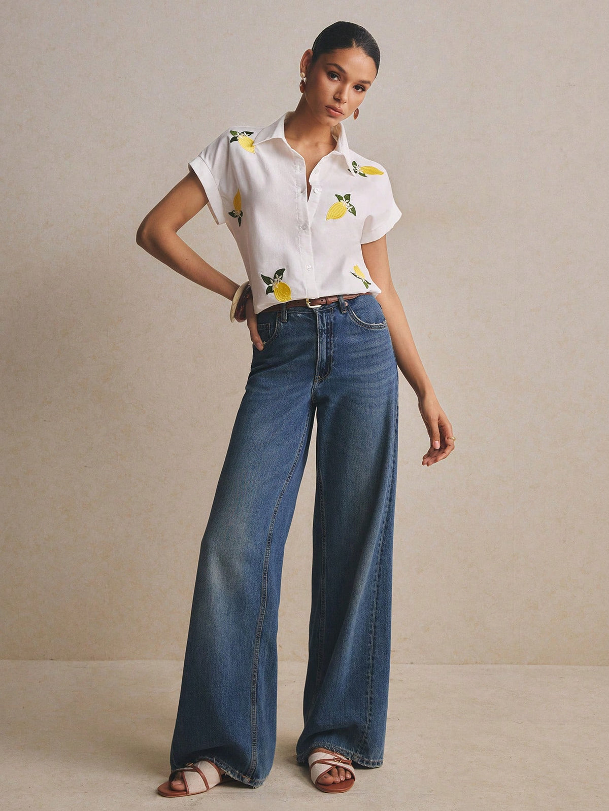 Poéselle Women's 100% Cotton Boxy White Shirt Lemon Embroidered,Short-Sleeve Button-Down Summer Blouse,Casual Vacation Holiday Fruit Motif Top,Cottagecore