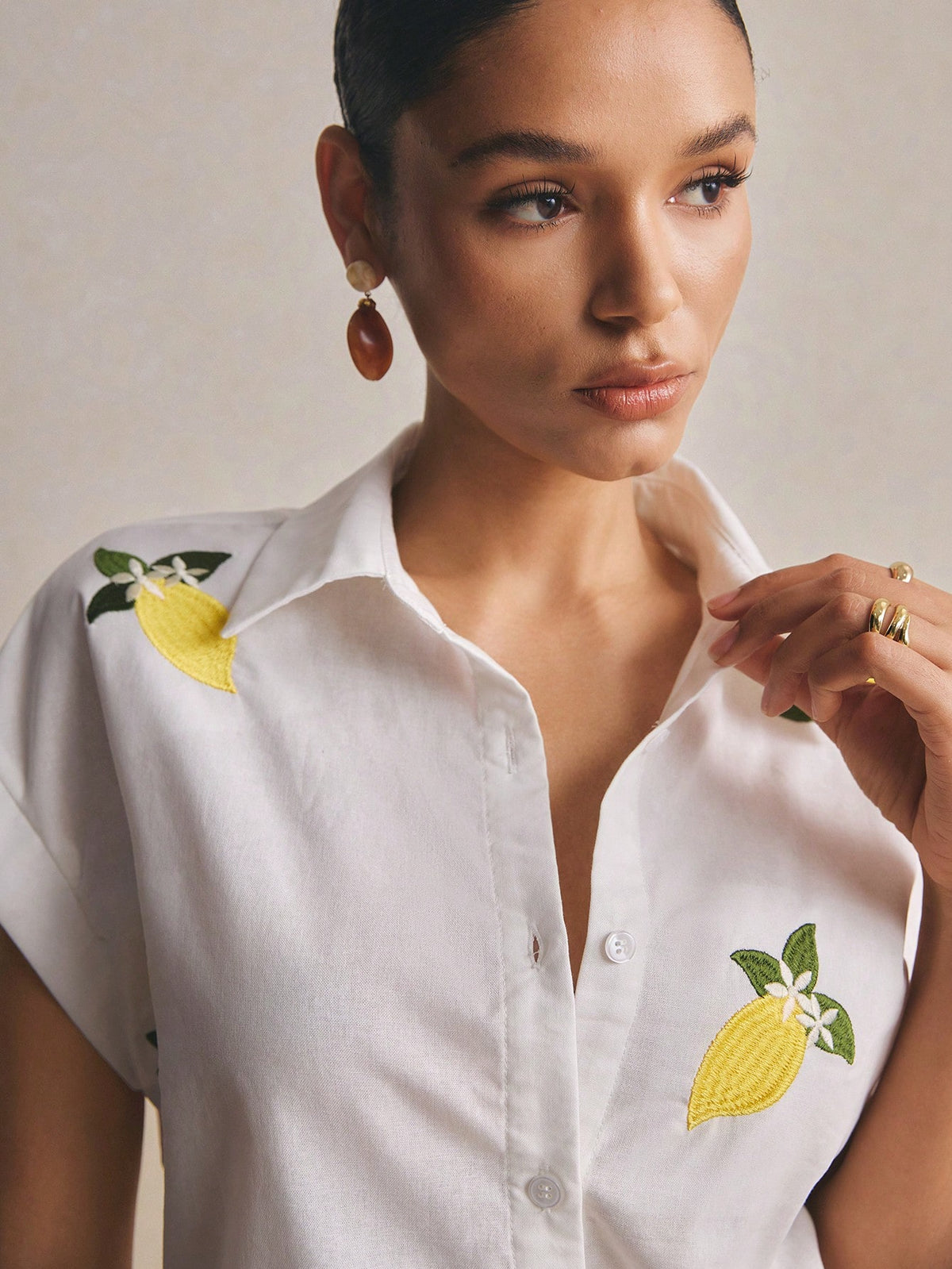 Poéselle Women's 100% Cotton Boxy White Shirt Lemon Embroidered,Short-Sleeve Button-Down Summer Blouse,Casual Vacation Holiday Fruit Motif Top,Cottagecore