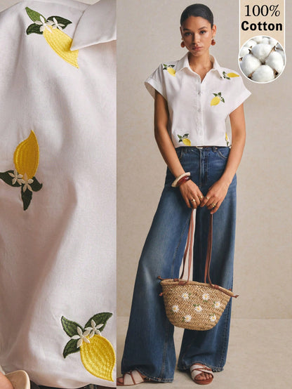 Poéselle Women's 100% Cotton Boxy White Shirt Lemon Embroidered,Short-Sleeve Button-Down Summer Blouse,Casual Vacation Holiday Fruit Motif Top,Cottagecore