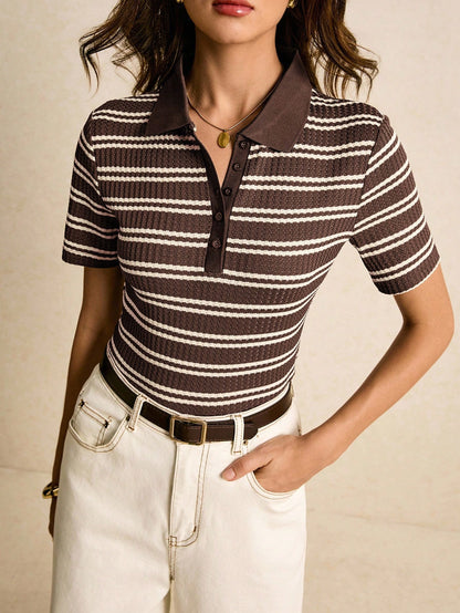 Poéselle Women's Brown Striped Short Sleeve T-Shirt- Casual Preppy Commuter Summer School Style
