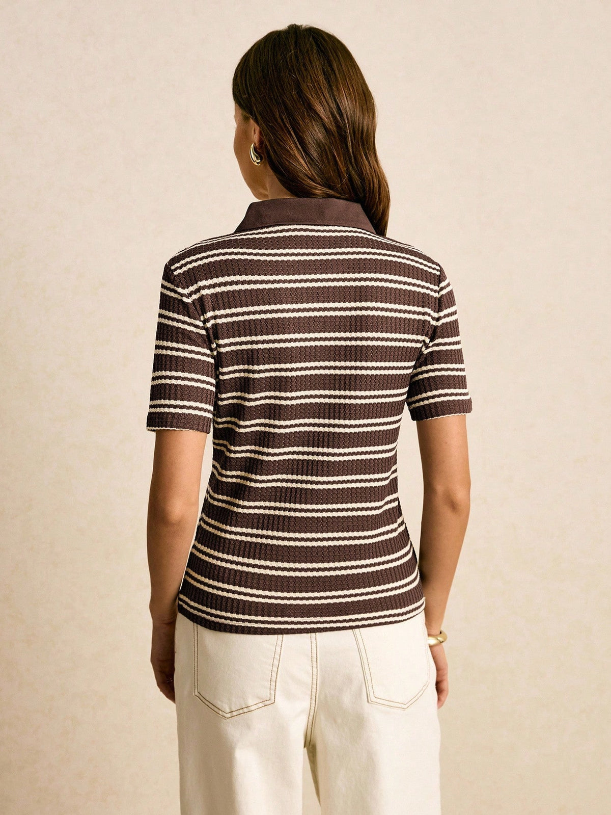 Poéselle Women's Brown Striped Short Sleeve T-Shirt- Casual Preppy Commuter Summer School Style