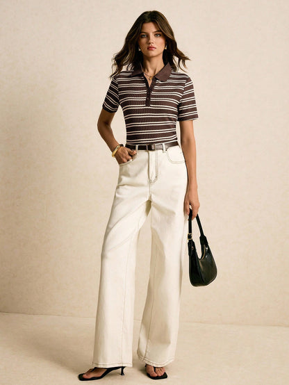 Poéselle Women's Brown Striped Short Sleeve T-Shirt- Casual Preppy Commuter Summer School Style