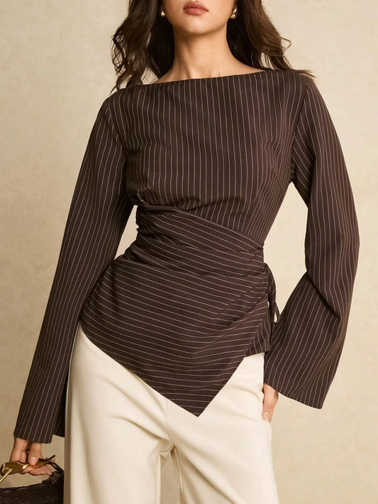 Poéselle Women's Elegant Brown Checkered Blouse For Autumn,Office Commute Striped Boat Neck Flare Sleeve Ruched Side Tie Fitted Top,Spring Casual Blouses