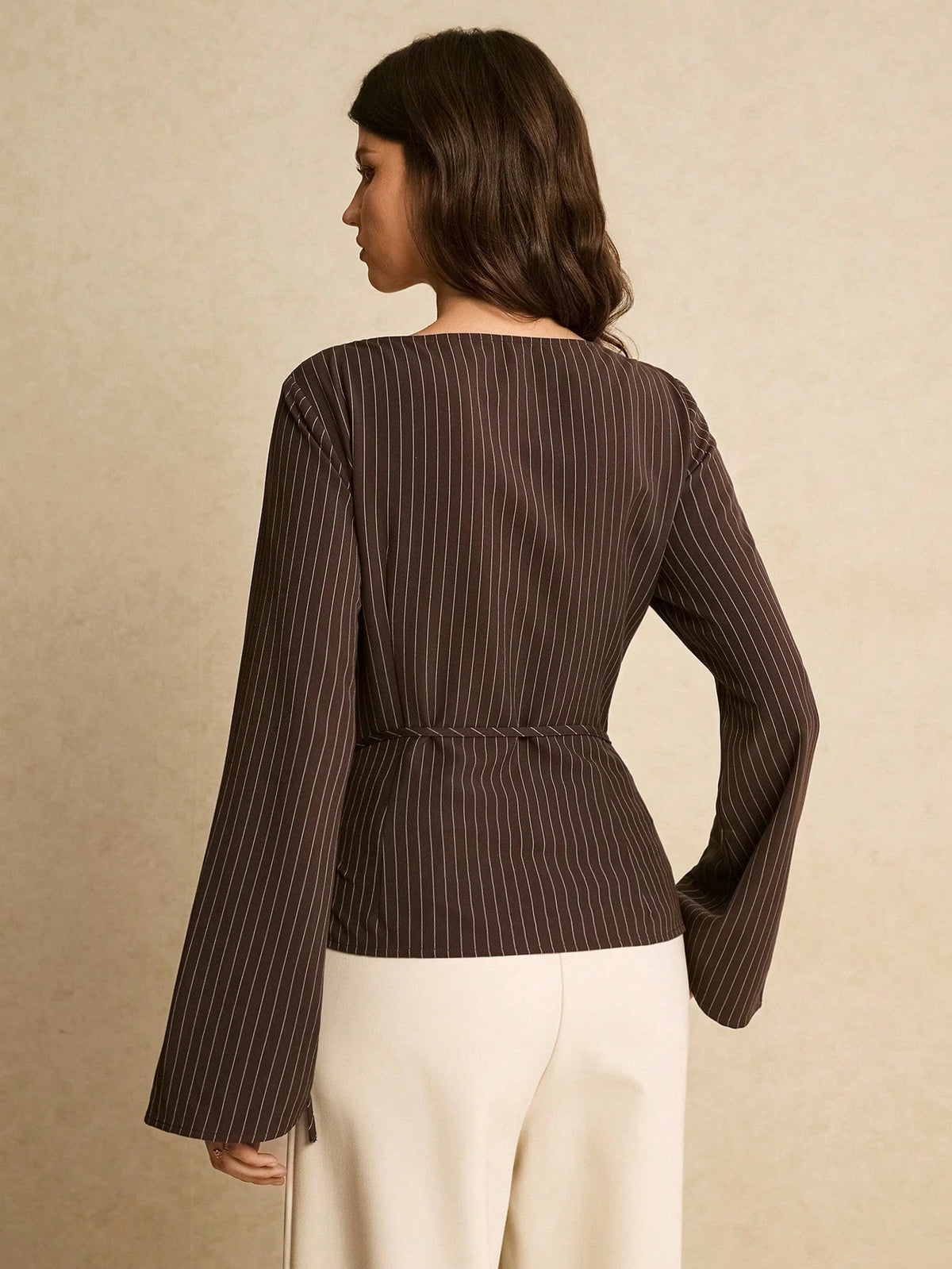 Poéselle Women's Elegant Brown Checkered Blouse For Autumn,Office Commute Striped Boat Neck Flare Sleeve Ruched Side Tie Fitted Top,Spring Casual Blouses