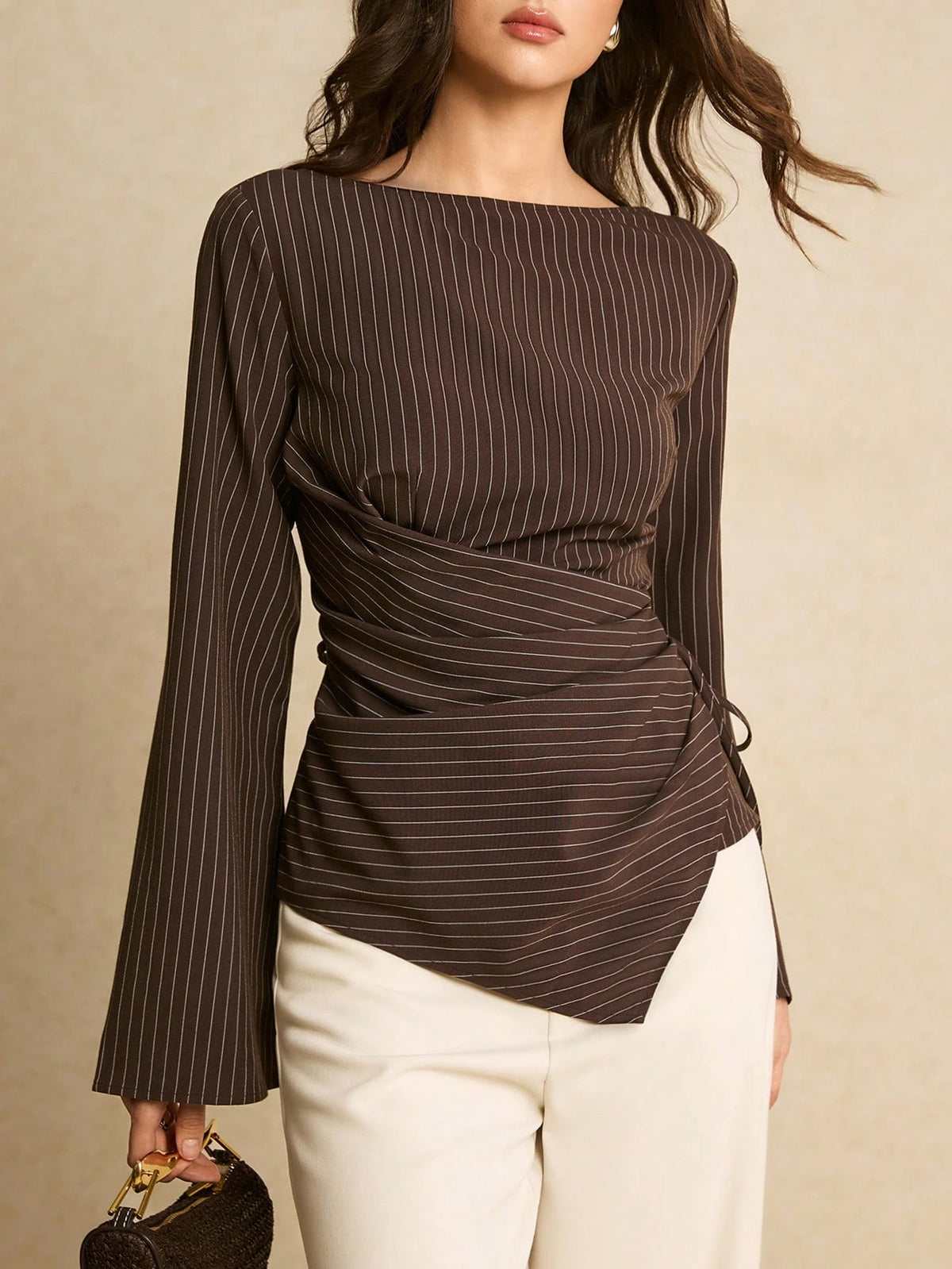 Poéselle Women's Elegant Brown Checkered Blouse For Autumn,Office Commute Striped Boat Neck Flare Sleeve Ruched Side Tie Fitted Top,Spring Casual Blouses