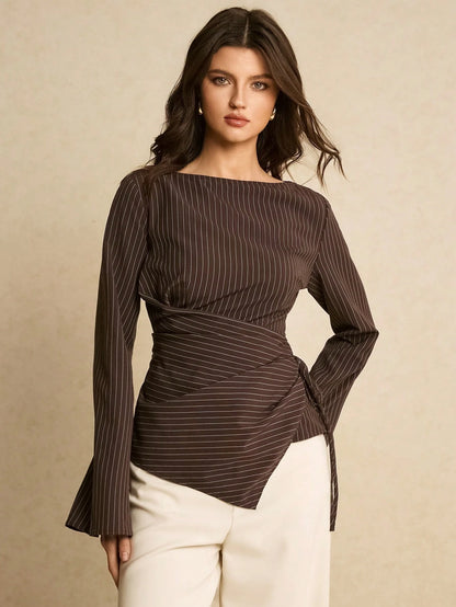 Poéselle Women's Elegant Brown Checkered Blouse For Autumn,Office Commute Striped Boat Neck Flare Sleeve Ruched Side Tie Fitted Top,Spring Casual Blouses