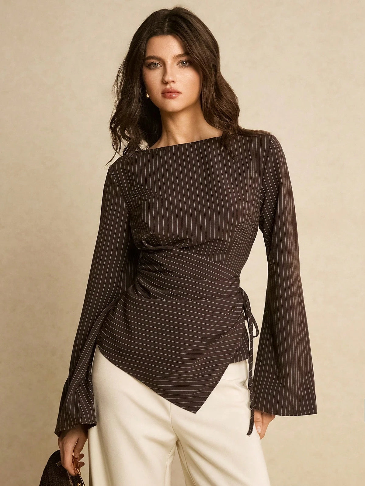 Poéselle Women's Elegant Brown Checkered Blouse For Autumn,Office Commute Striped Boat Neck Flare Sleeve Ruched Side Tie Fitted Top,Spring Casual Blouses