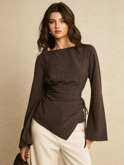 Poéselle Women's Elegant Brown Checkered Blouse For Autumn,Office Commute Striped Boat Neck Flare Sleeve Ruched Side Tie Fitted Top,Spring Casual Blouses