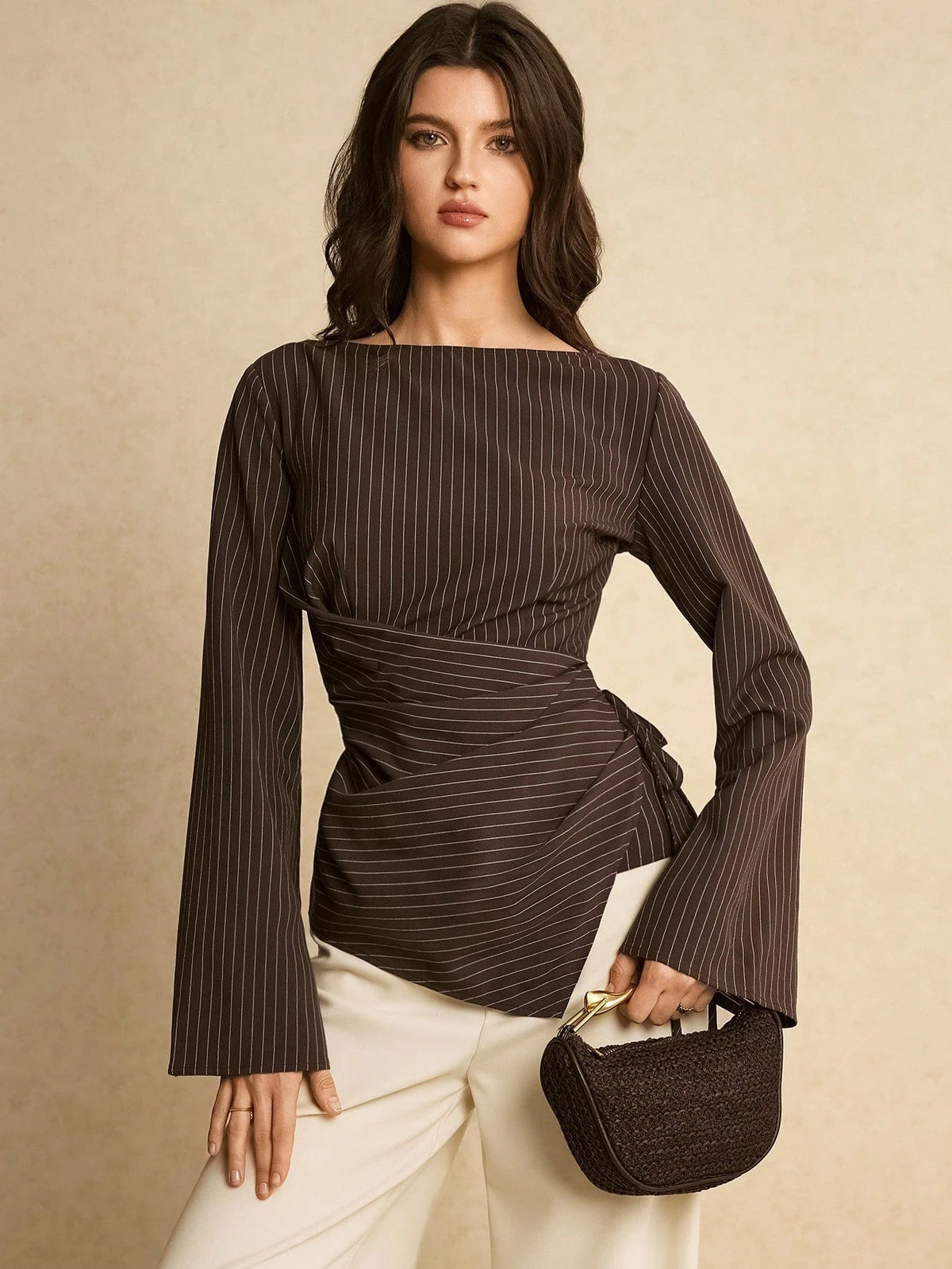 Poéselle Women's Elegant Brown Checkered Blouse For Autumn,Office Commute Striped Boat Neck Flare Sleeve Ruched Side Tie Fitted Top,Spring Casual Blouses