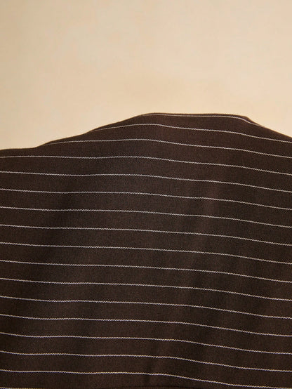 Poéselle Women's Elegant Brown Checkered Blouse For Autumn,Office Commute Striped Boat Neck Flare Sleeve Ruched Side Tie Fitted Top,Spring Casual Blouses