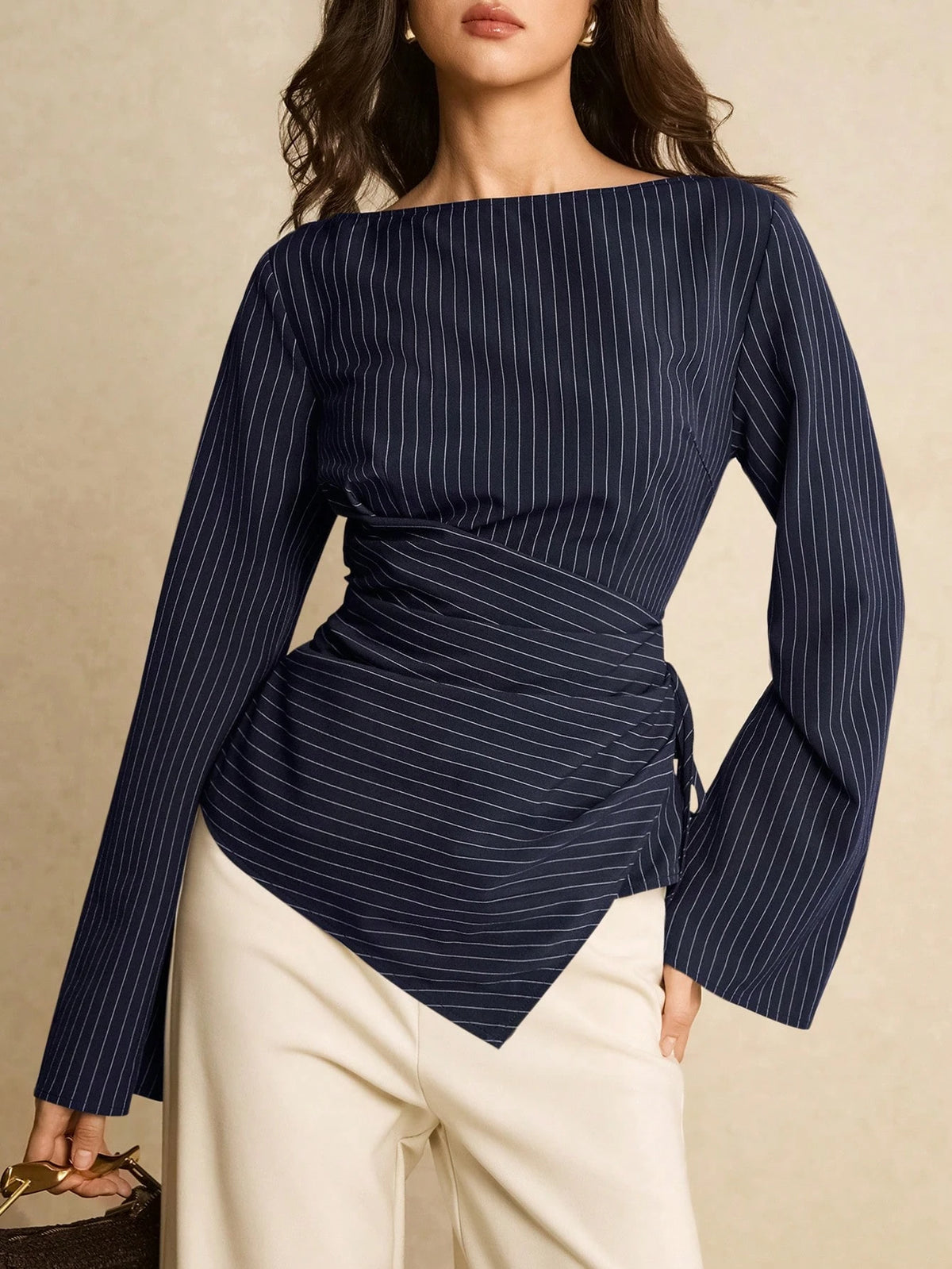 Poéselle Women's Elegant Brown Checkered Blouse For Autumn,Office Commute Striped Boat Neck Flare Sleeve Ruched Side Tie Fitted Top,Spring Casual Blouses