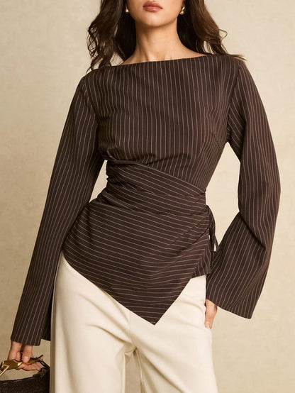 Poéselle Women's Elegant Brown Checkered Blouse For Autumn,Office Commute Striped Boat Neck Flare Sleeve Ruched Side Tie Fitted Top,Spring Casual Blouses