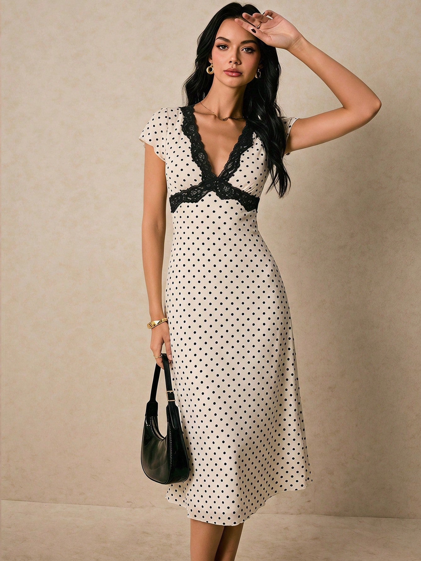 Poéselle Women's Polka Dot Lace Trim Midi Dress For Women – Vintage V-Neck Short Sleeve Elegant Summer Dress Festival Outfits Back To School