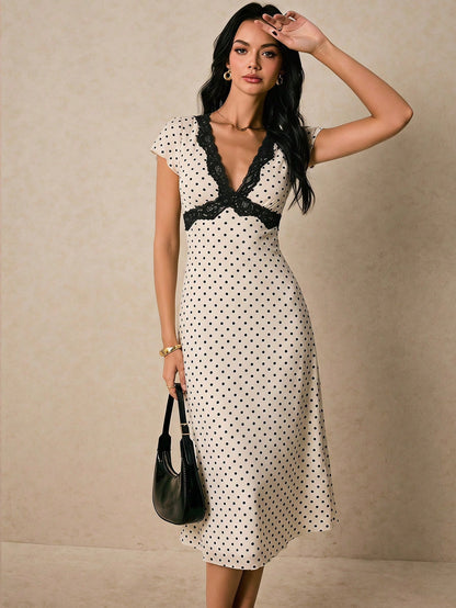Poéselle Women's Polka Dot Lace Trim Midi Dress For Women – Vintage V-Neck Short Sleeve Elegant Summer Dress Festival Outfits Back To School