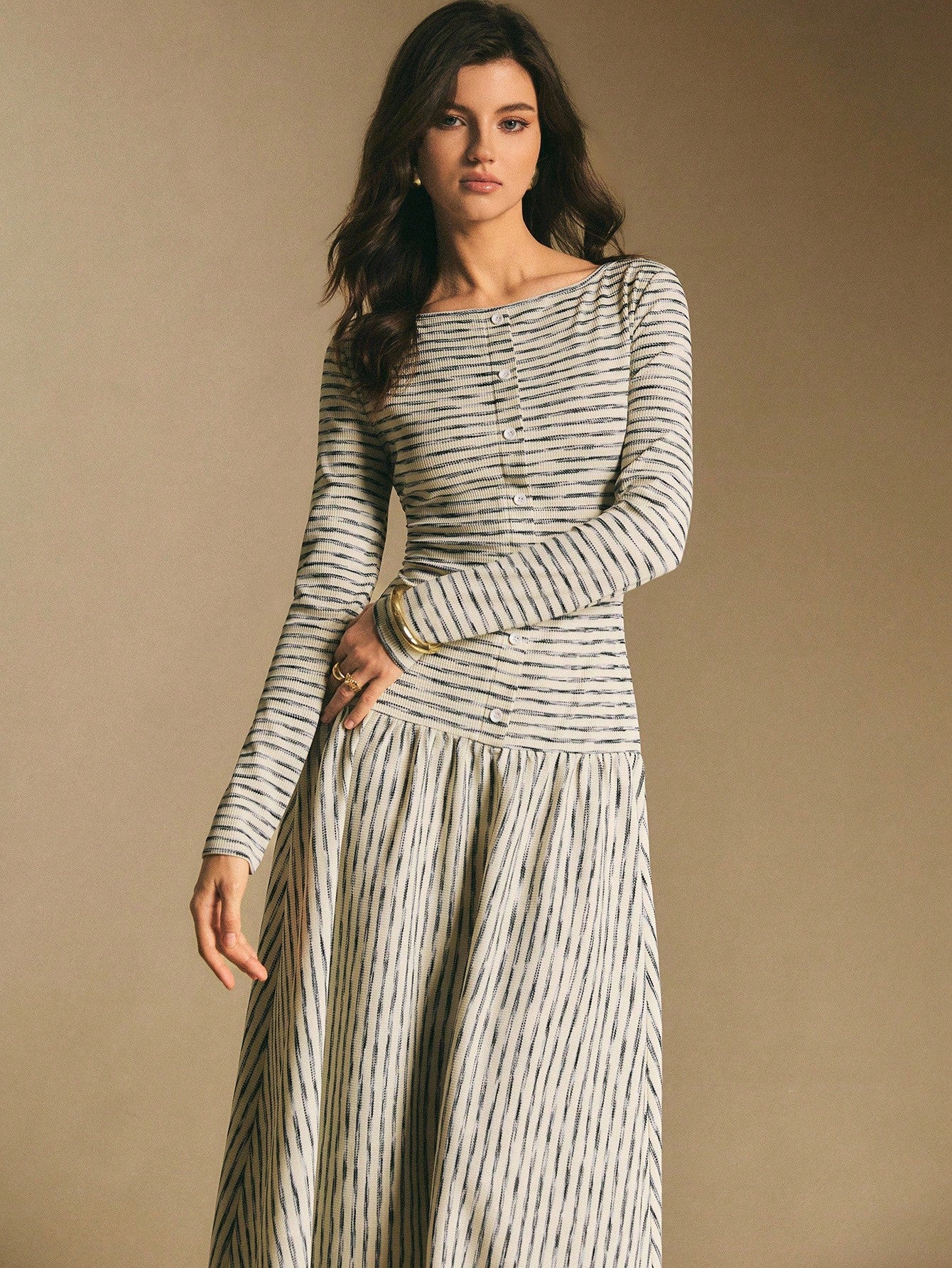 Poéselle Women's Striped Boat Neck Long Sleeve Button Design Casual Dress Stripe Dresses For Women Midi Daily & Date Night Essential Anthropologie Clothes