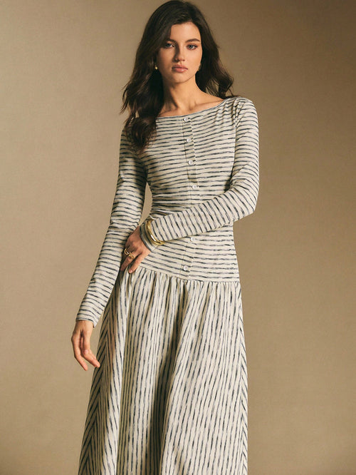 Poéselle Women's Striped Boat Neck Long Sleeve Button Design Casual Dress Stripe Dresses For Women Midi Daily & Date Night Essential Anthropologie Clothes