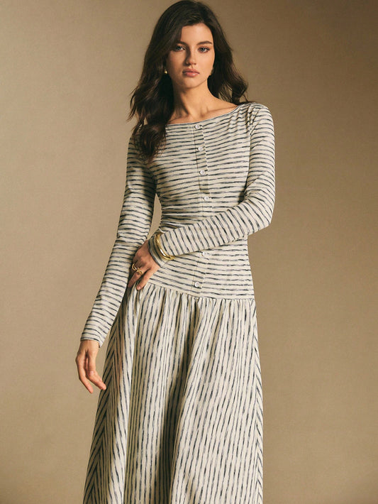 Poéselle Women's Striped Boat Neck Long Sleeve Button Design Casual Dress Stripe Dresses For Women Midi Daily & Date Night Essential Anthropologie Clothes