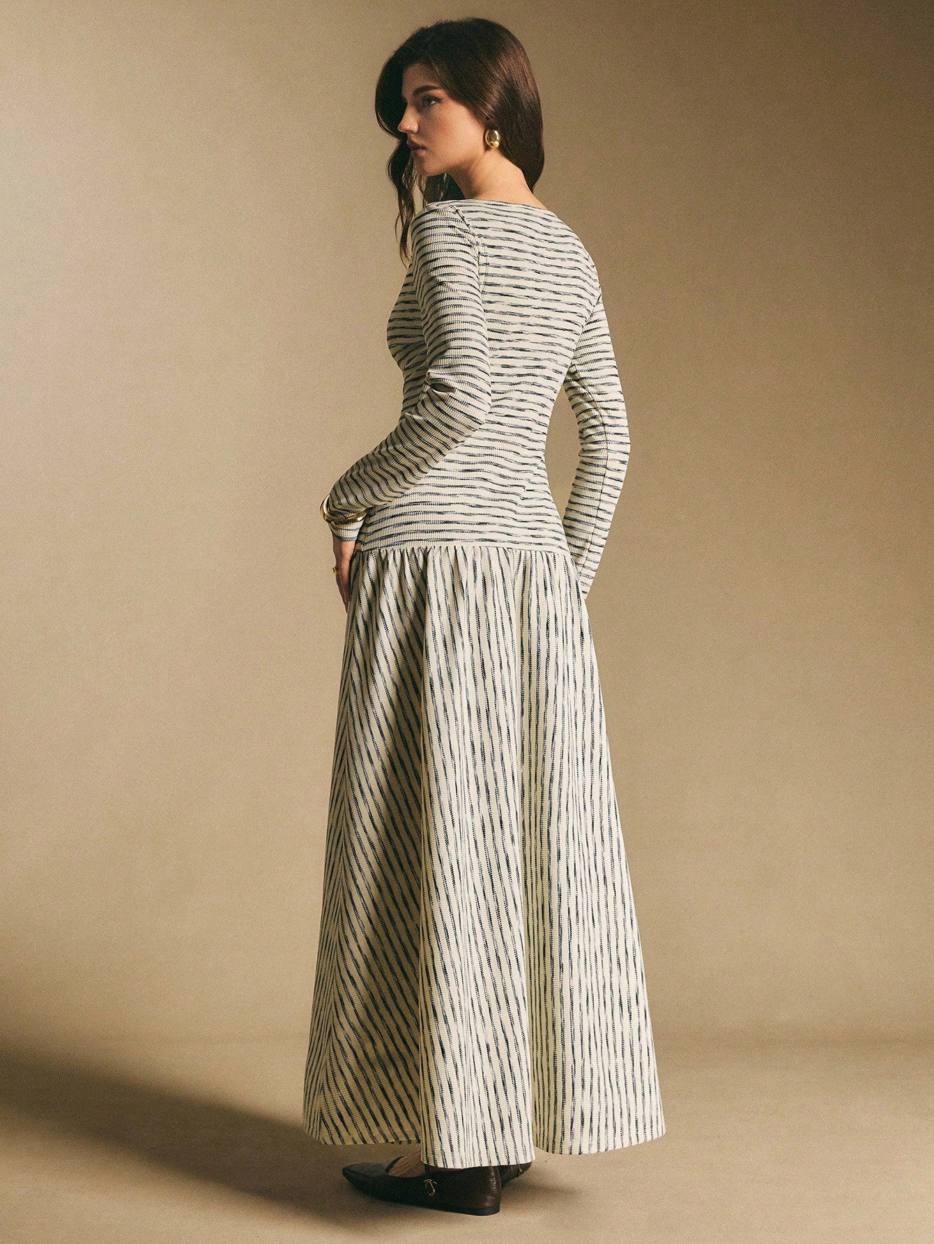 Poéselle Women's Striped Boat Neck Long Sleeve Button Design Casual Dress Stripe Dresses For Women Midi Daily & Date Night Essential Anthropologie Clothes