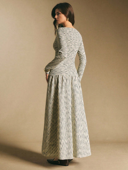 Poéselle Women's Striped Boat Neck Long Sleeve Button Design Casual Dress Stripe Dresses For Women Midi Daily & Date Night Essential Anthropologie Clothes