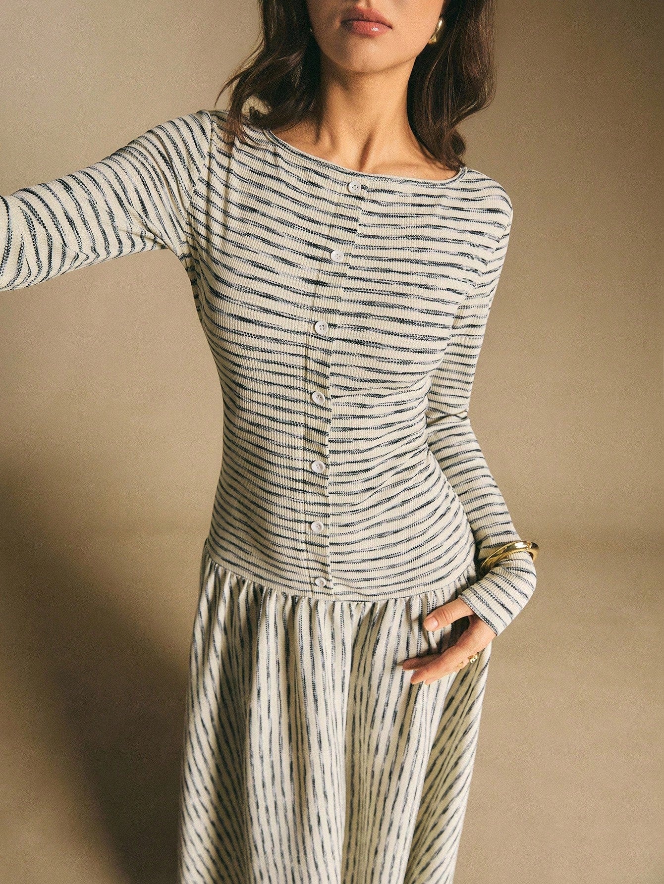 Poéselle Women's Striped Boat Neck Long Sleeve Button Design Casual Dress Stripe Dresses For Women Midi Daily & Date Night Essential Anthropologie Clothes