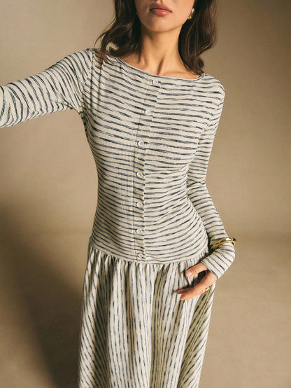 Poéselle Women's Striped Boat Neck Long Sleeve Button Design Casual Dress Stripe Dresses For Women Midi Daily & Date Night Essential Anthropologie Clothes