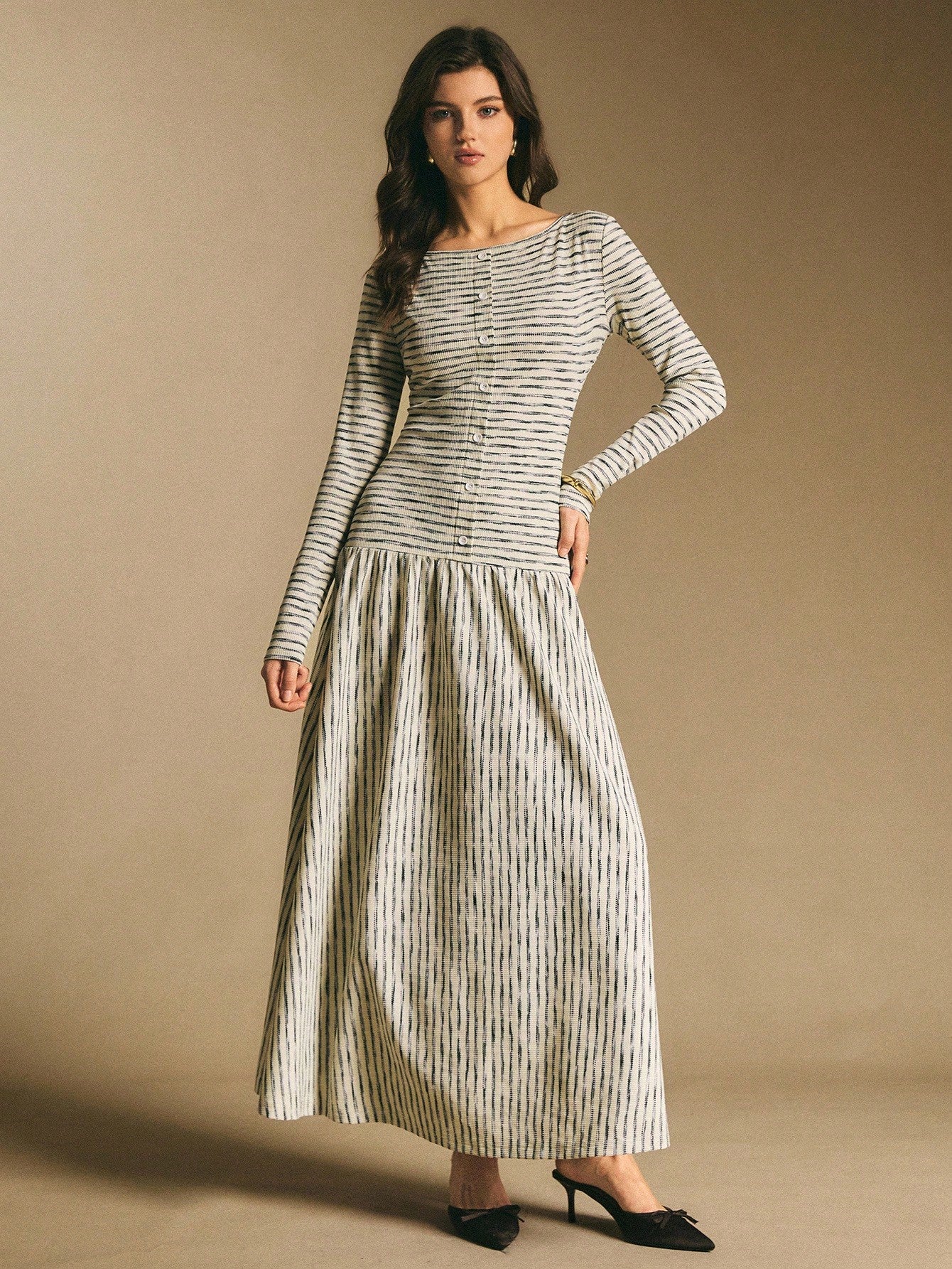 Poéselle Women's Striped Boat Neck Long Sleeve Button Design Casual Dress Stripe Dresses For Women Midi Daily & Date Night Essential Anthropologie Clothes
