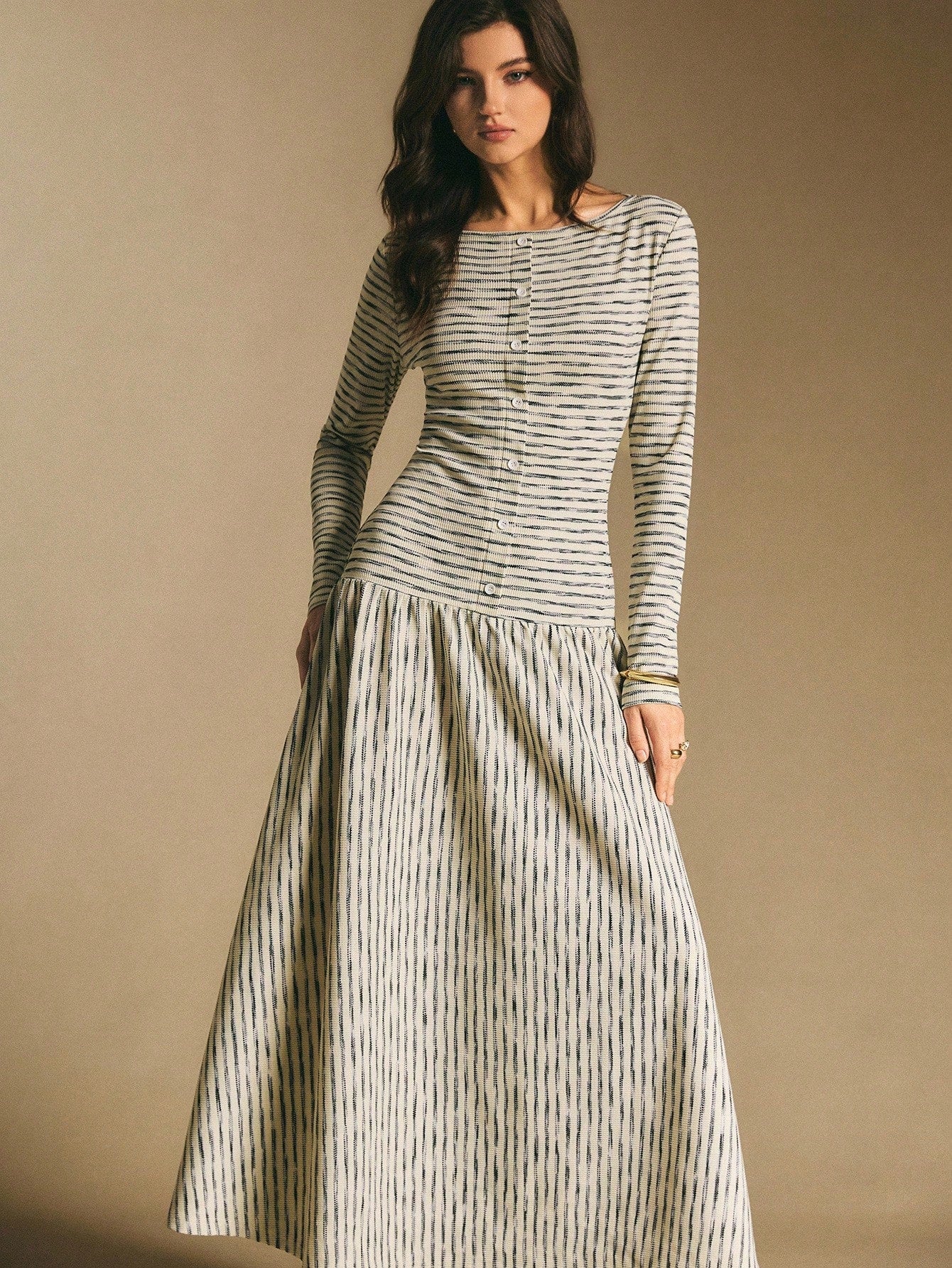Poéselle Women's Striped Boat Neck Long Sleeve Button Design Casual Dress Stripe Dresses For Women Midi Daily & Date Night Essential Anthropologie Clothes