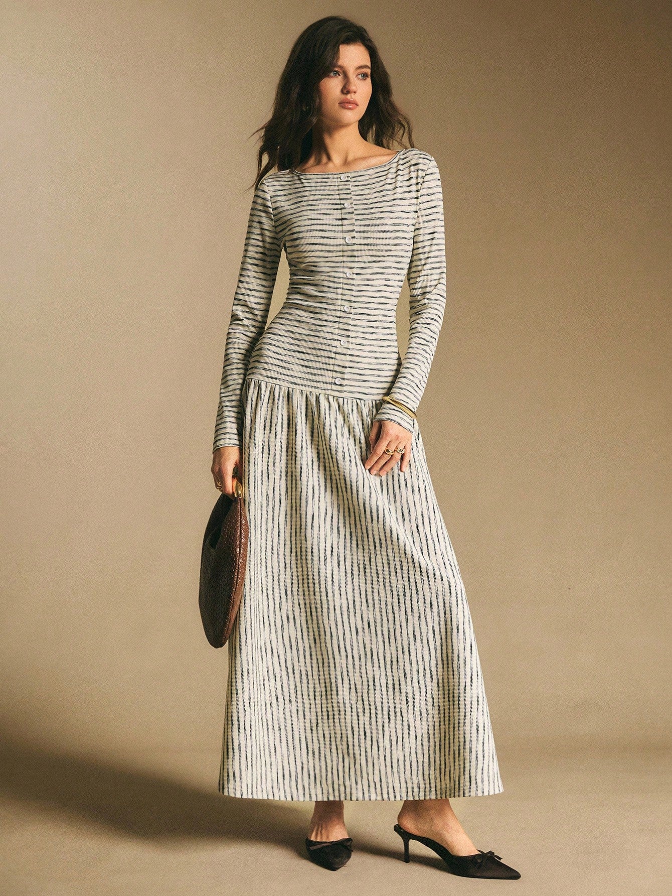 Poéselle Women's Striped Boat Neck Long Sleeve Button Design Casual Dress Stripe Dresses For Women Midi Daily & Date Night Essential Anthropologie Clothes