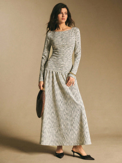 Poéselle Women's Striped Boat Neck Long Sleeve Button Design Casual Dress Stripe Dresses For Women Midi Daily & Date Night Essential Anthropologie Clothes
