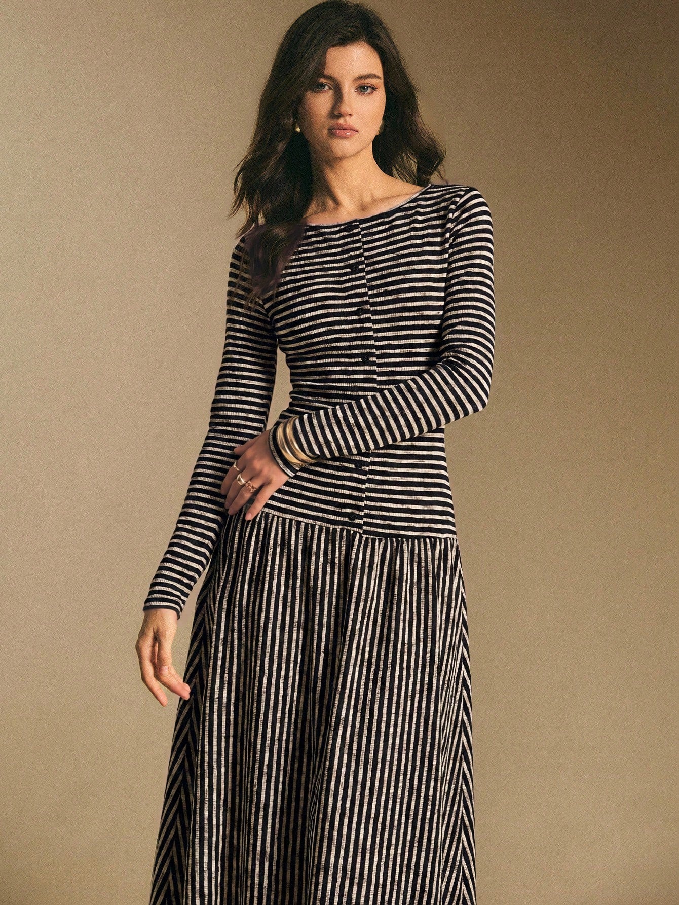Poéselle Women's Striped Boat Neck Long Sleeve Button Design Casual Dress Stripe Dresses For Women Midi Daily & Date Night Essential Anthropologie Clothes